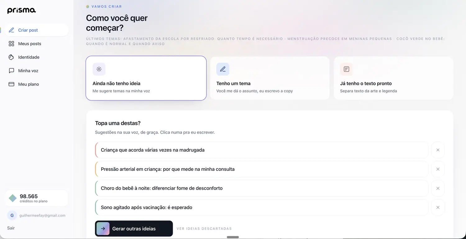 Tela do Prisma sugerindo temas de post na voz do médico